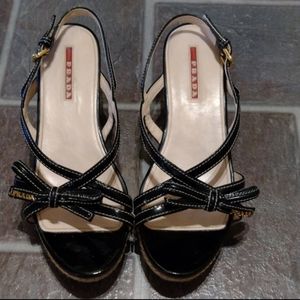 Prada Logo strappy patent leather platform espadrille sandals Bow Logo size 36.5